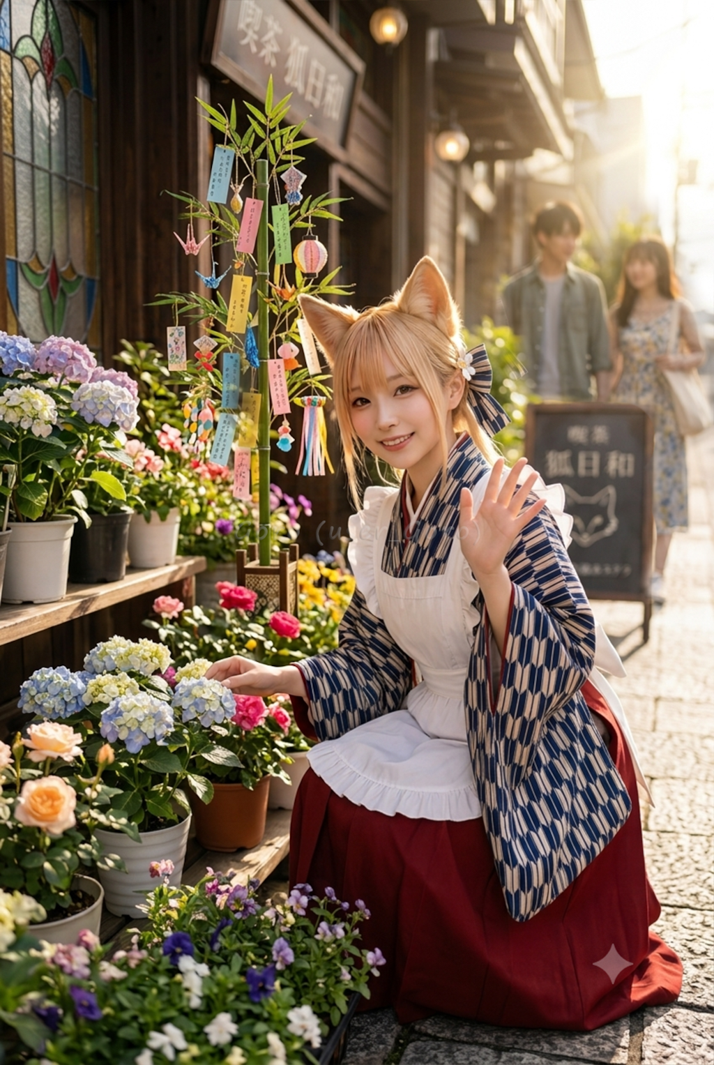 喫茶狐日和の店頭で花屋