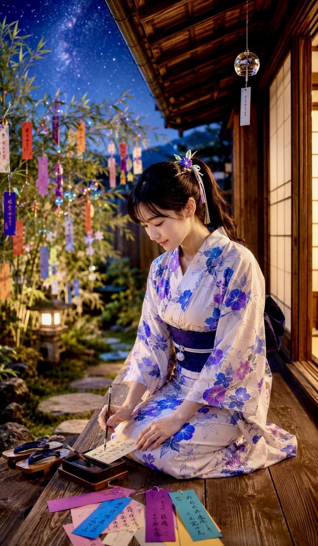 七夕の願いを書く縁側