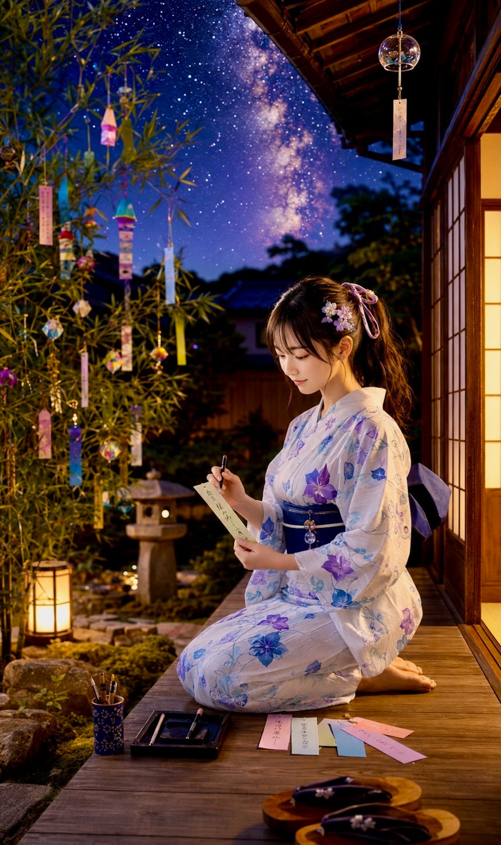 七夕の願いを書く縁側