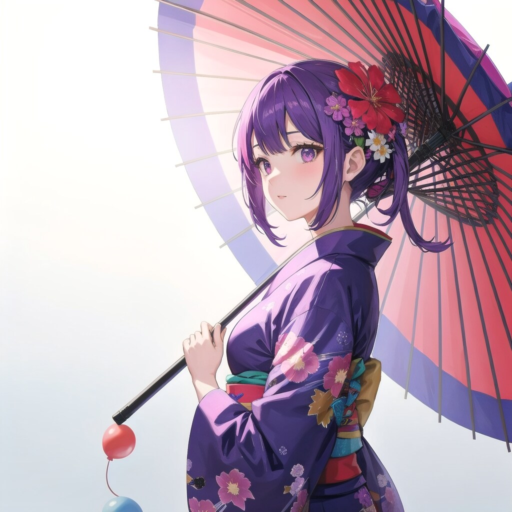 いっぱい色とりどりの風船を持つ紫髪お団子ヘアの着物と傘を持つ美女