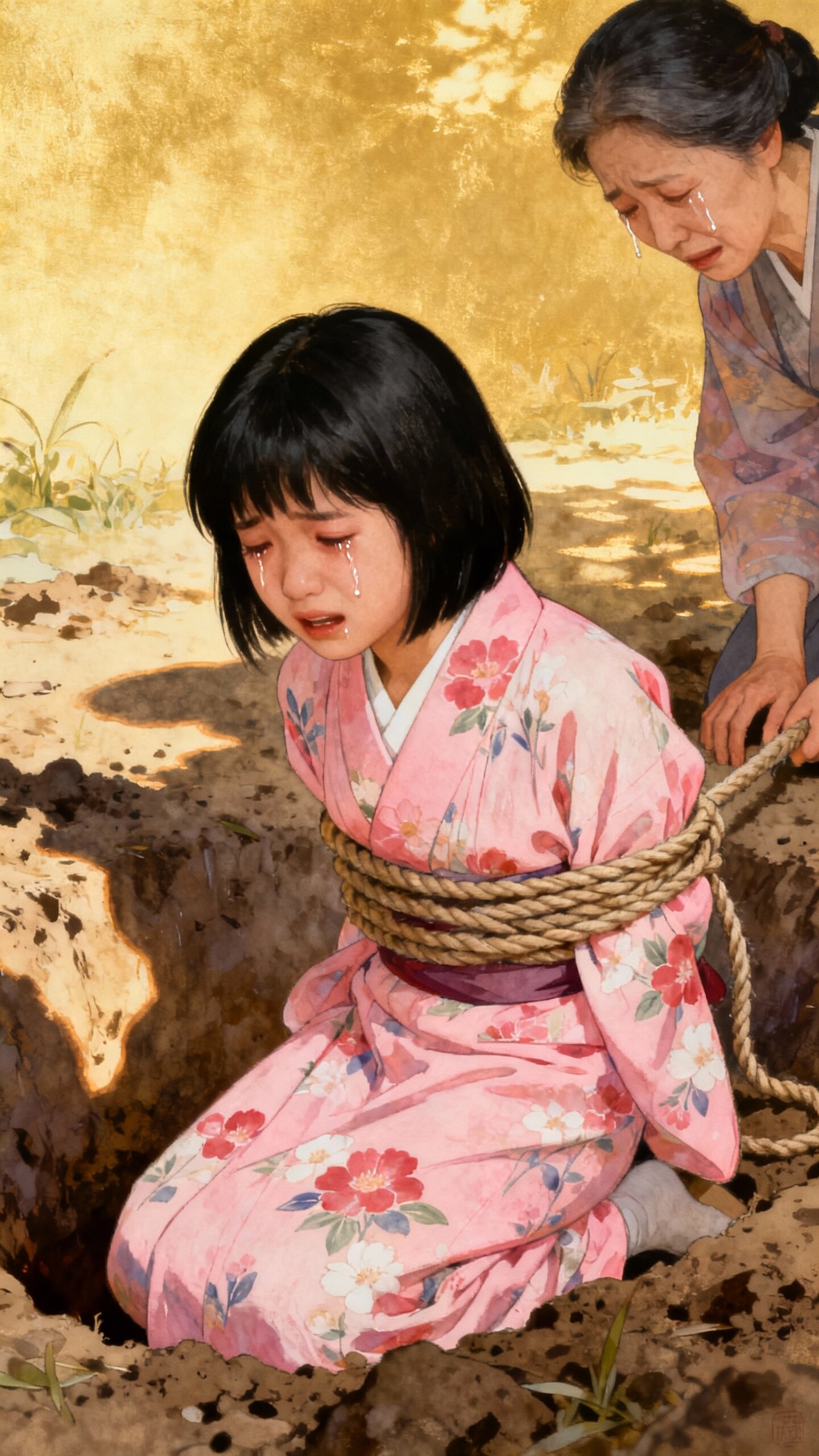 泣く母の横で人柱として埋められるピンク色の着物を着た少女 | の人気AIイラスト・グラビア