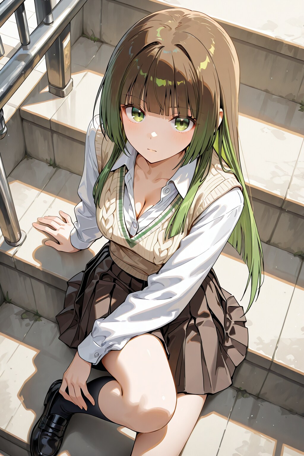 階段に座っている女子高生