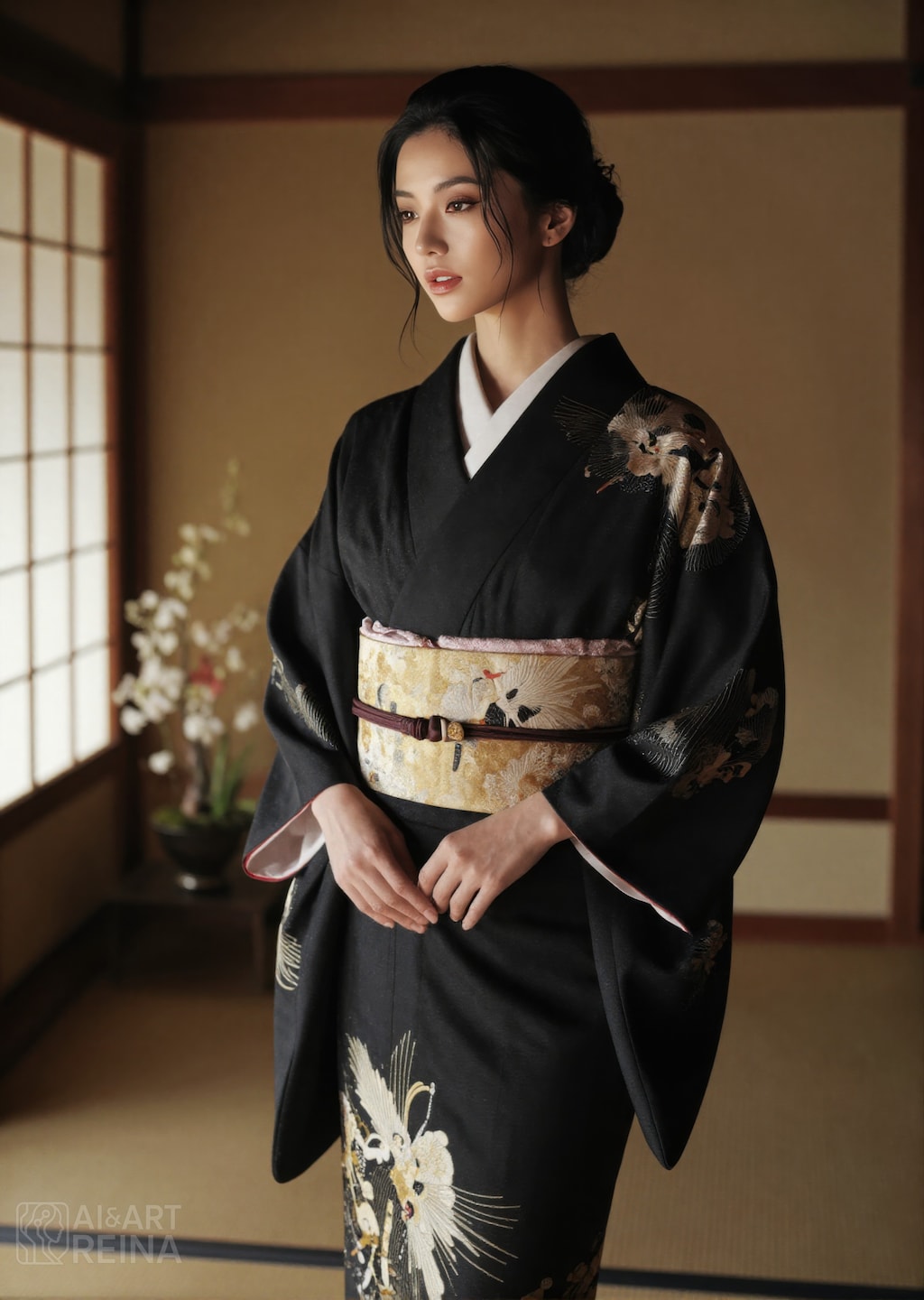 新人 畳 着物 花 立ち姿