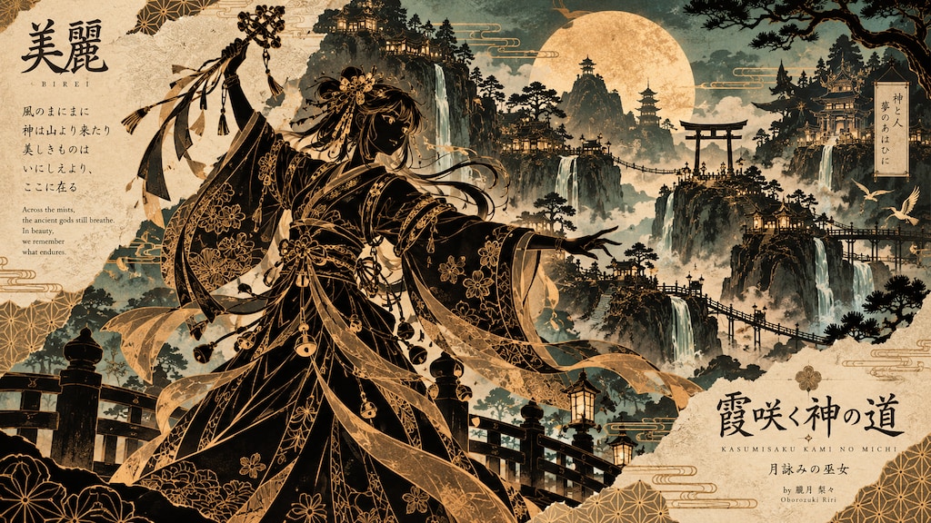 A moon priestess dancing beneath a golden moon, sacred bells swaying above a mountain shrine of mist