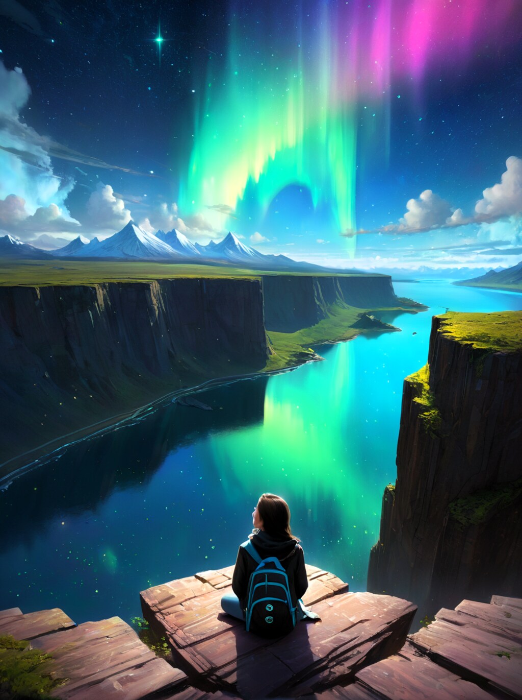 水に映るオーロラの丘