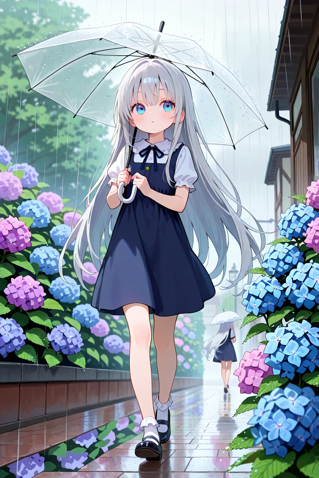雨傘と銀髪ちゃん