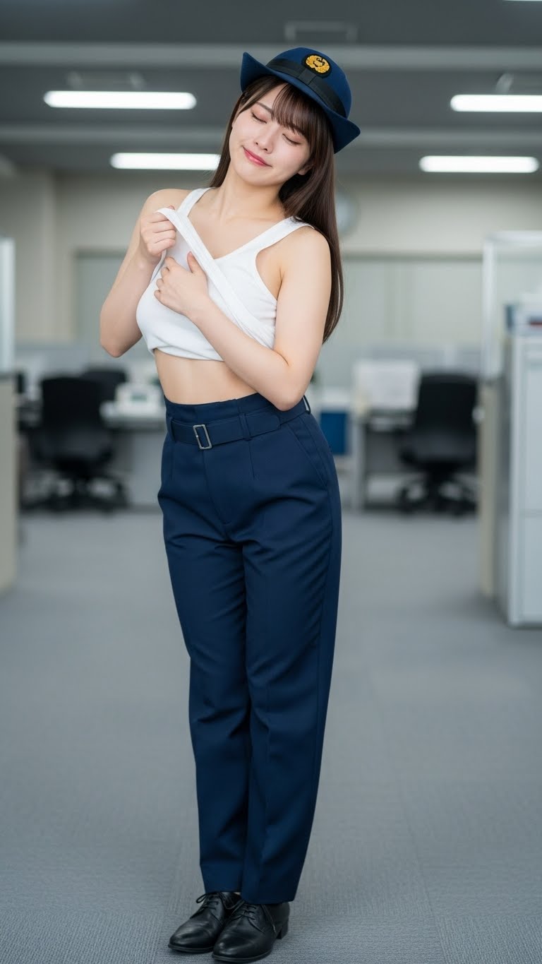 タンクトップを脱ぎかけているリアルかっこかわいい婦警