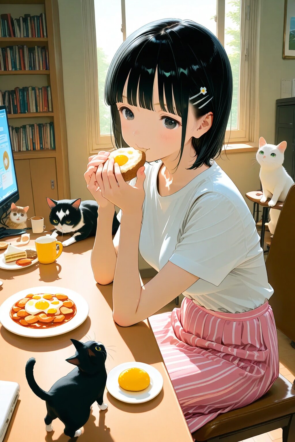 猫🐈🐈‍⬛と朝ご飯の妹ちゃん✨ | の人気AIイラスト・グラビア