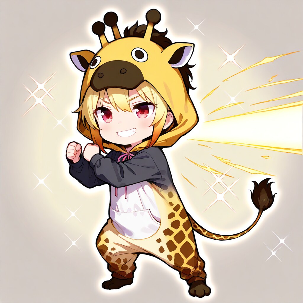構えるキリン着ぐるみちび子ちゃん