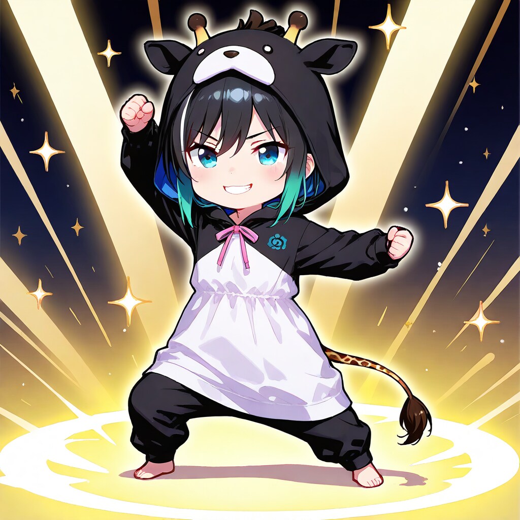 構えるキリン着ぐるみちび子ちゃん