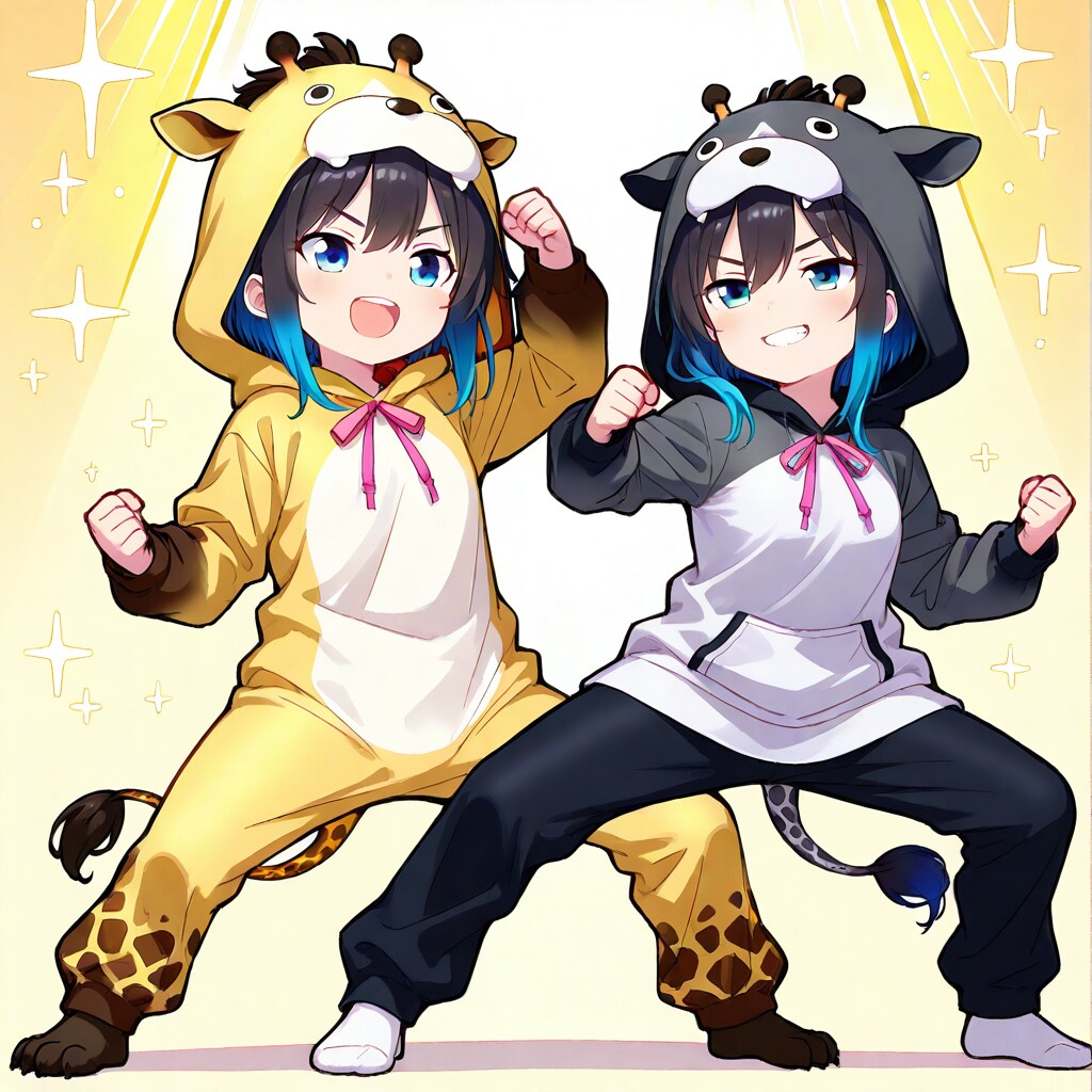 構えるキリン着ぐるみちび子ちゃん
