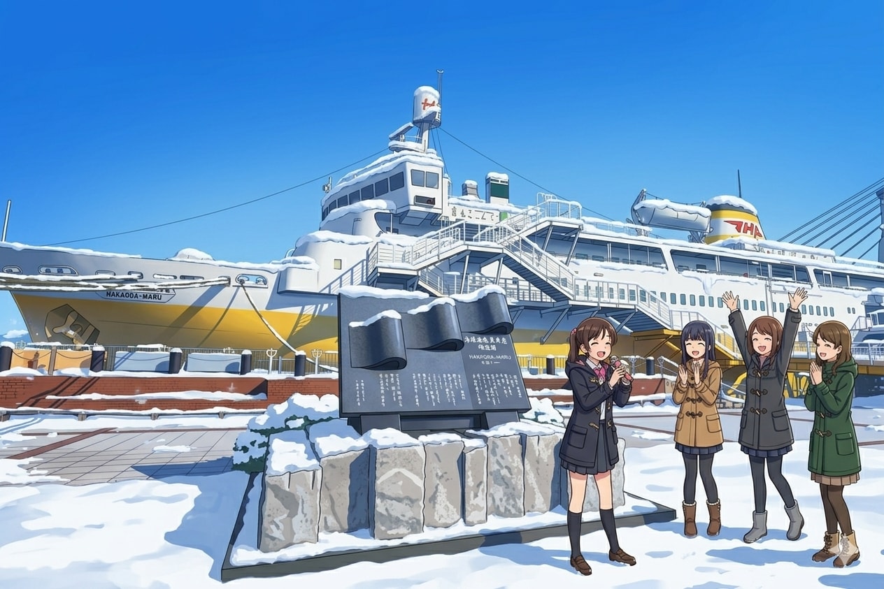 八甲田丸の前で津軽海峡冬景色を歌う女子高生 | の人気AIイラスト・グラビア