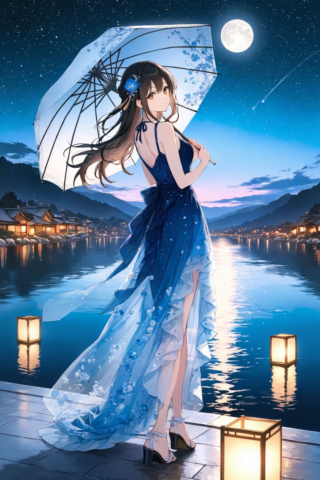月夜の星空に微笑む青いドレス
