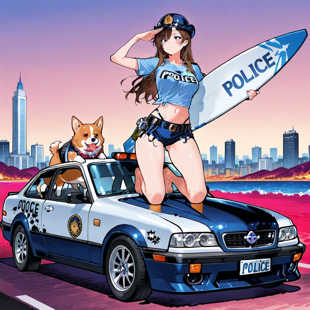 パトロールする気がなさそうな警官系女子とコーギーが1匹…2匹か？