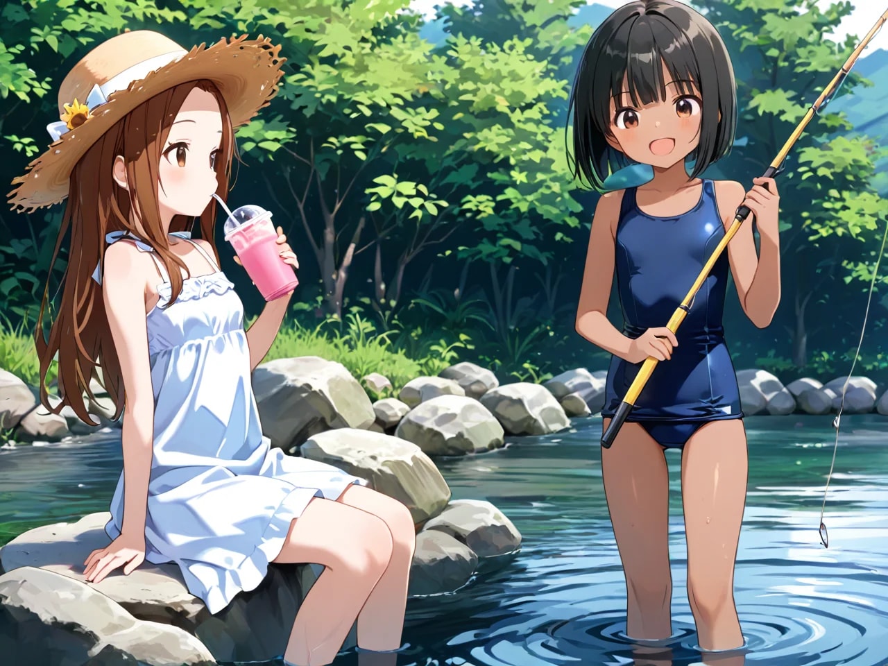 川で釣り