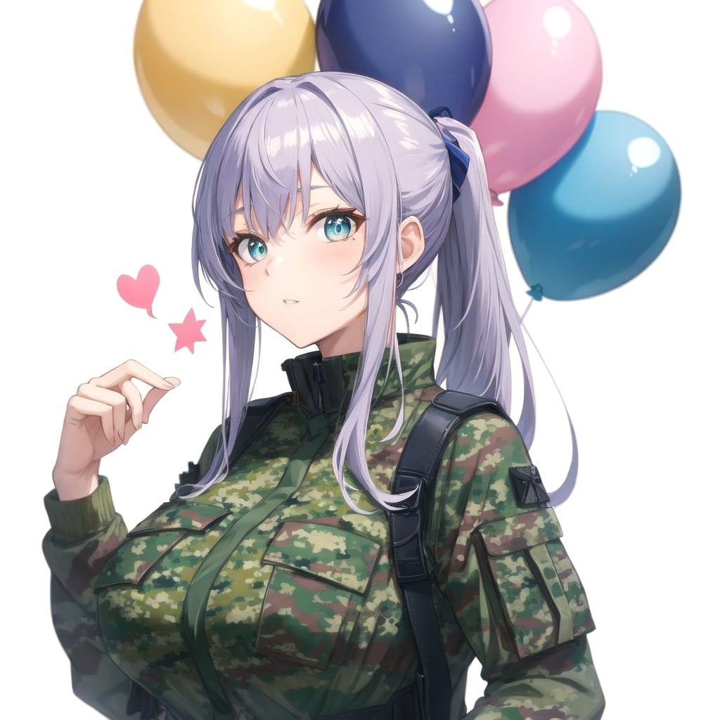 いっぱい色とりどりの風船を持つ銀髪ポニーテールの迷彩服着た美女