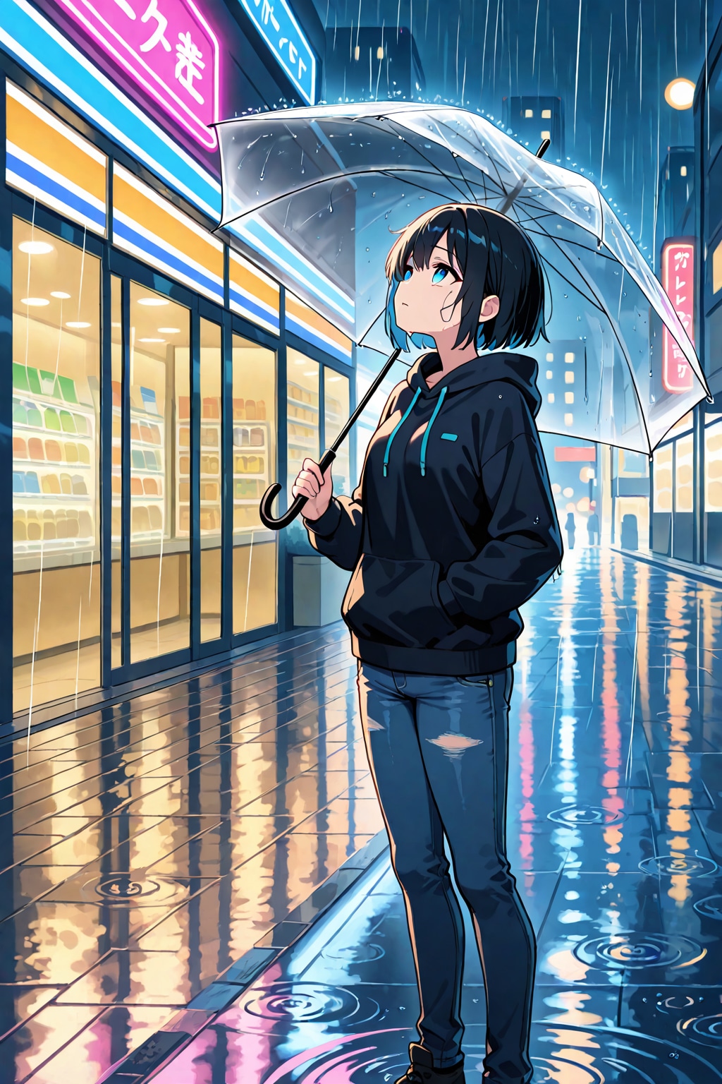雨夜のコンビニ前