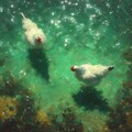 White hens in green water 3枚目