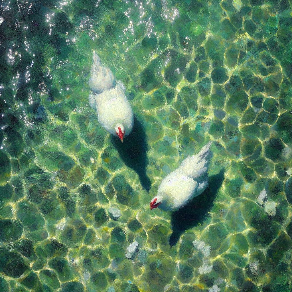 White hens in green water