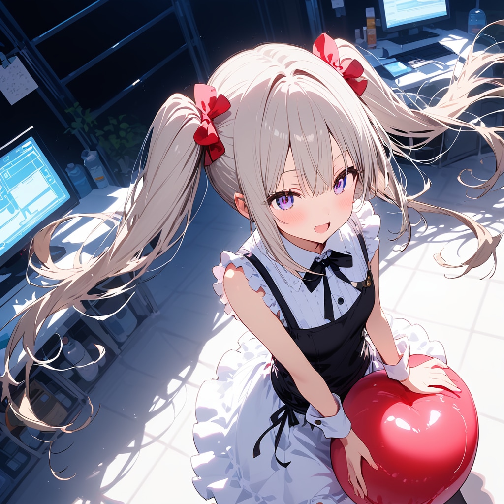 実験室で赤い風船を持つ白い髪ツインテールの美女。 | の人気AIイラスト・グラビア