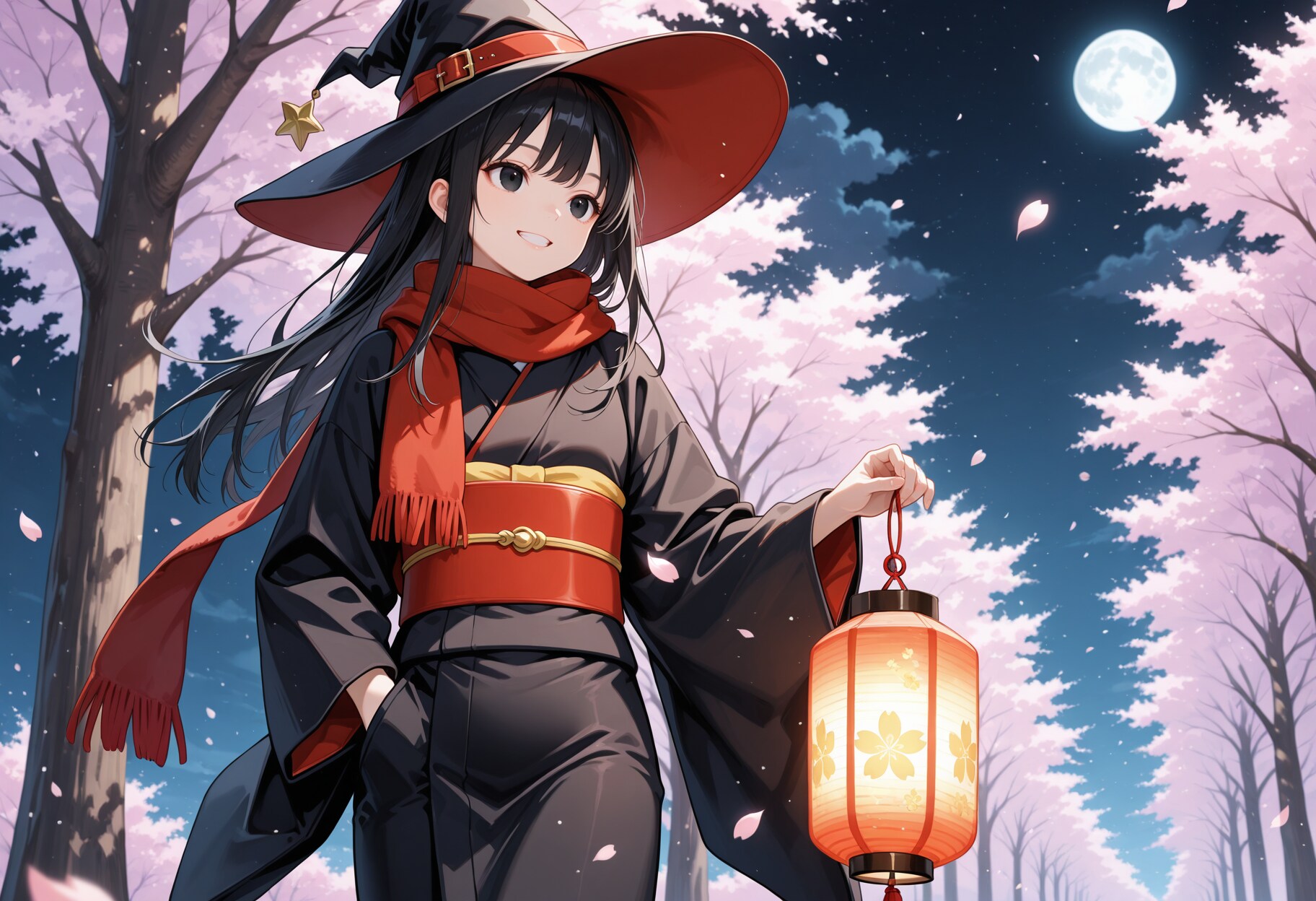 桜と提灯と魔女さん