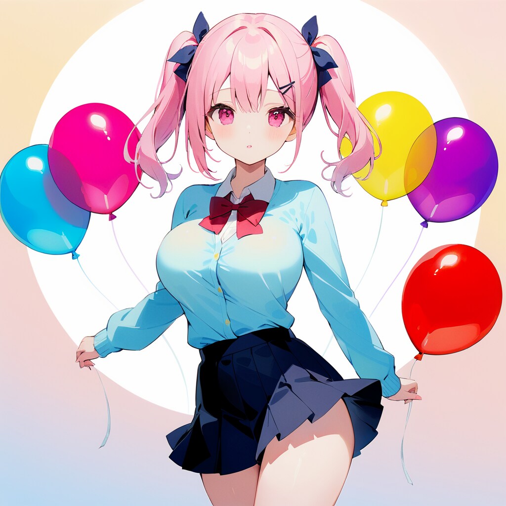 カラフルな風船とピンク髪ツインテールの女子高生 | の人気AIイラスト・グラビア