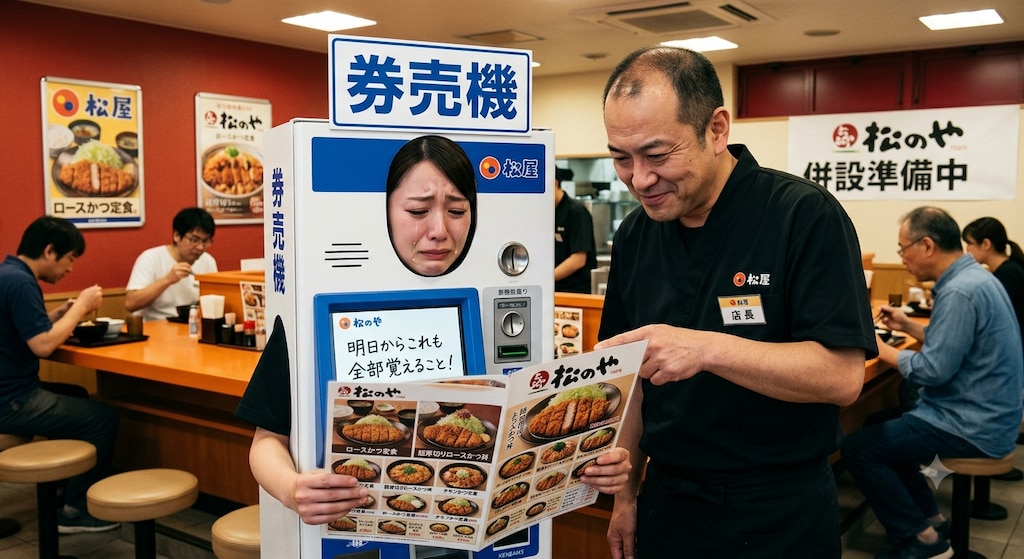 松屋の券売機ちゃん。松のや併設に恐怖。