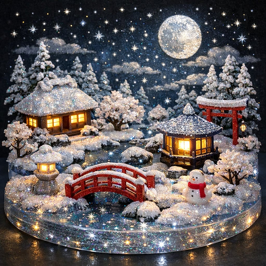 『ラメ入りアクリル樹脂製の雪夜のお庭のジオラマ。』 | の人気AIイラスト・グラビア