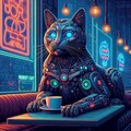 油絵SF風、猫ロボカフェの猫ロボ 3枚目