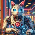 油絵SF風、猫ロボカフェの猫ロボ 2枚目