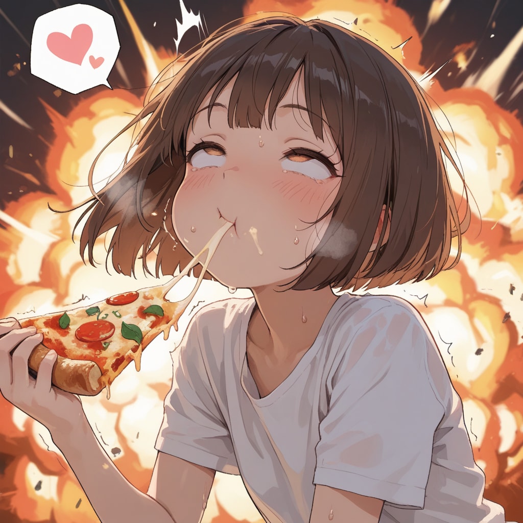 少女はあまりのピザのうまさに爆発をものともせず、ただ貪り食い、そして恍惚の表情を浮かべる