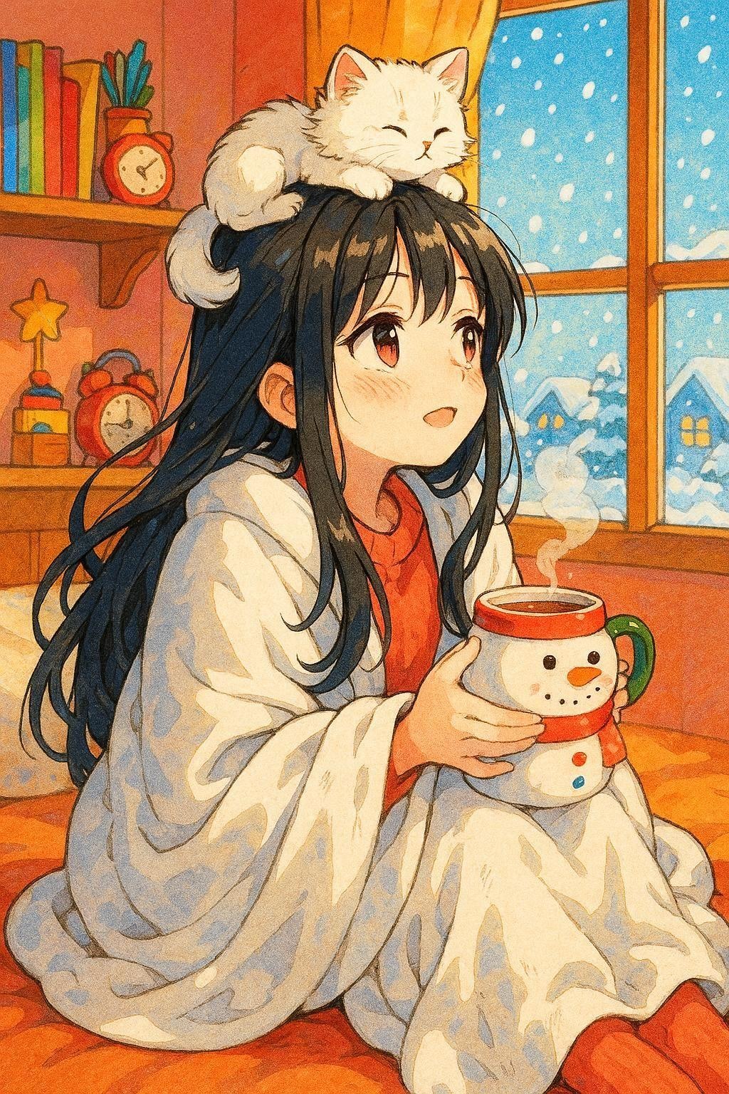 頭上の白猫と雪見のティータイム