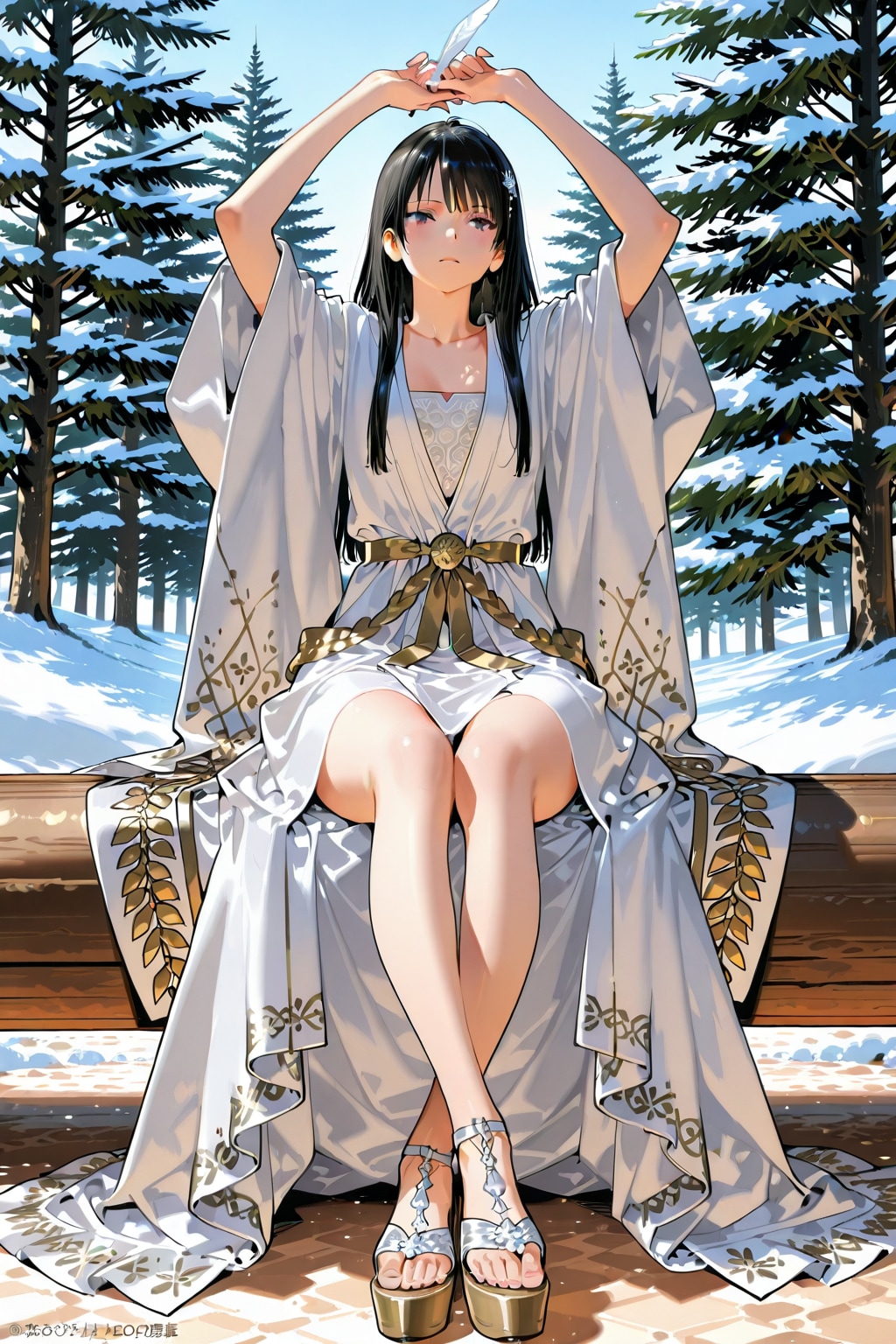 曲がりくねった(真っ直ぐな幹しか出ませんでした)幹の松に座す女性