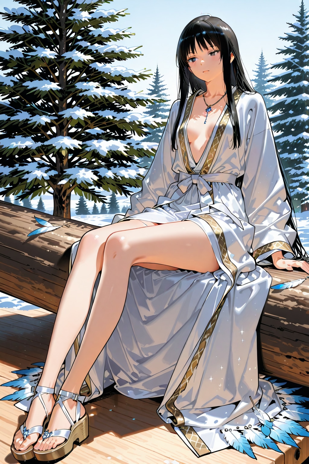 曲がりくねった(真っ直ぐな幹しか出ませんでした)幹の松に座す女性 | の人気AIイラスト・グラビア