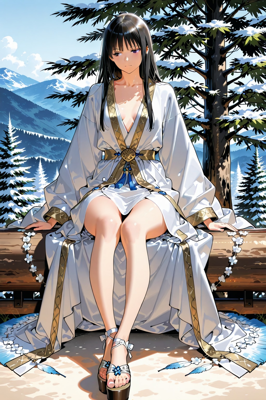 曲がりくねった(真っ直ぐな幹しか出ませんでした)幹の松に座す女性