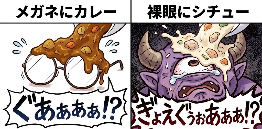「メガネにカレー」と「裸眼にシチュー」