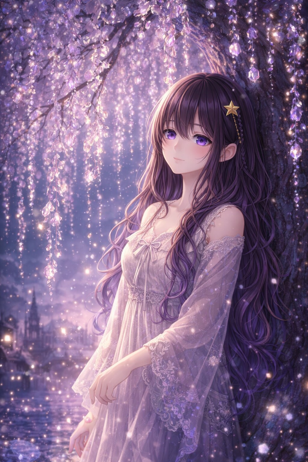 水晶の枝垂れ桜の木の下で