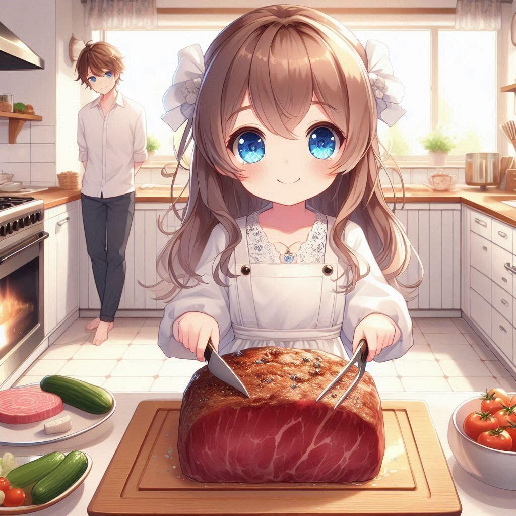 恋人のために肉料理を作る小さな女の子
