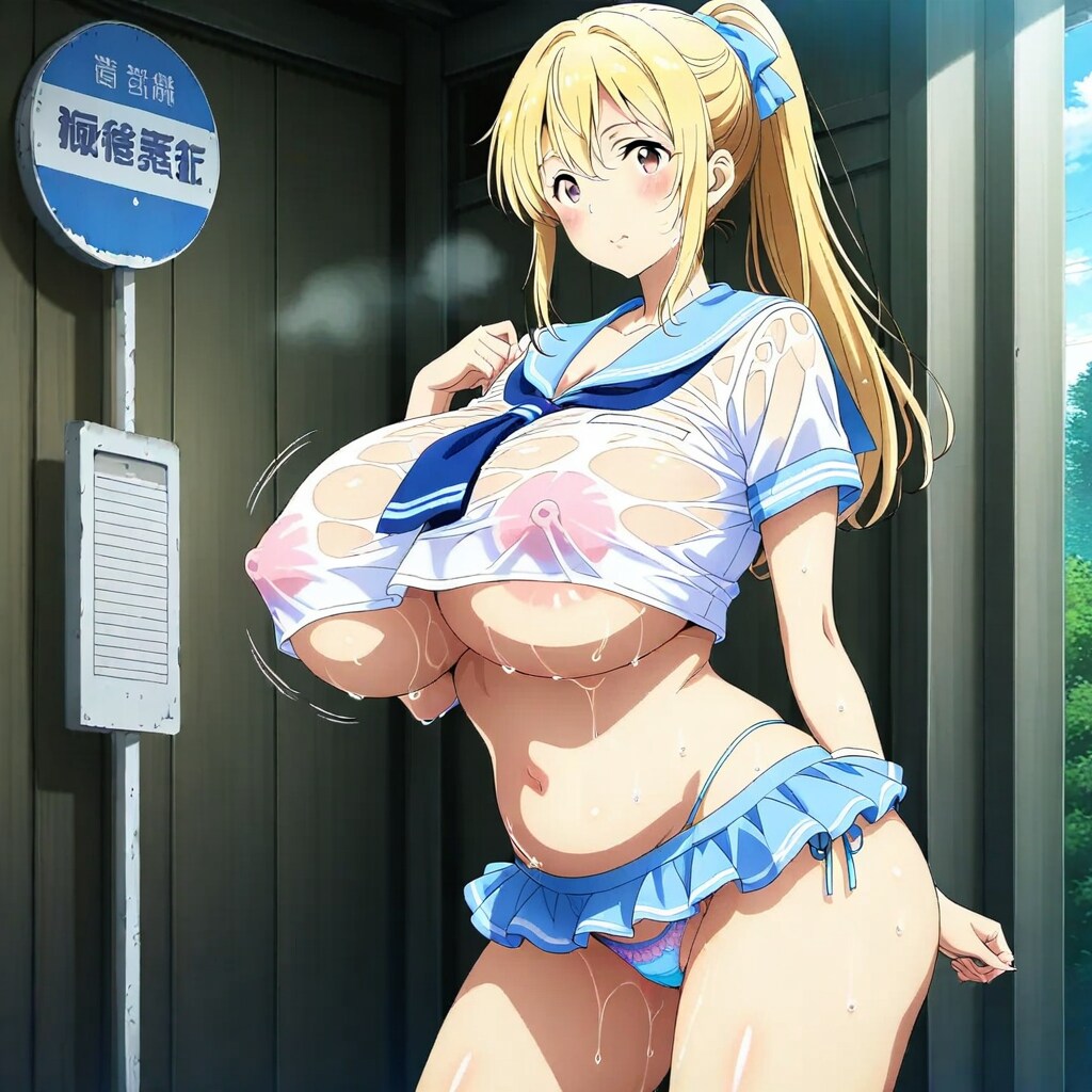 濡れてる金髪ポニーテール爆乳セクシーセーラー服少女