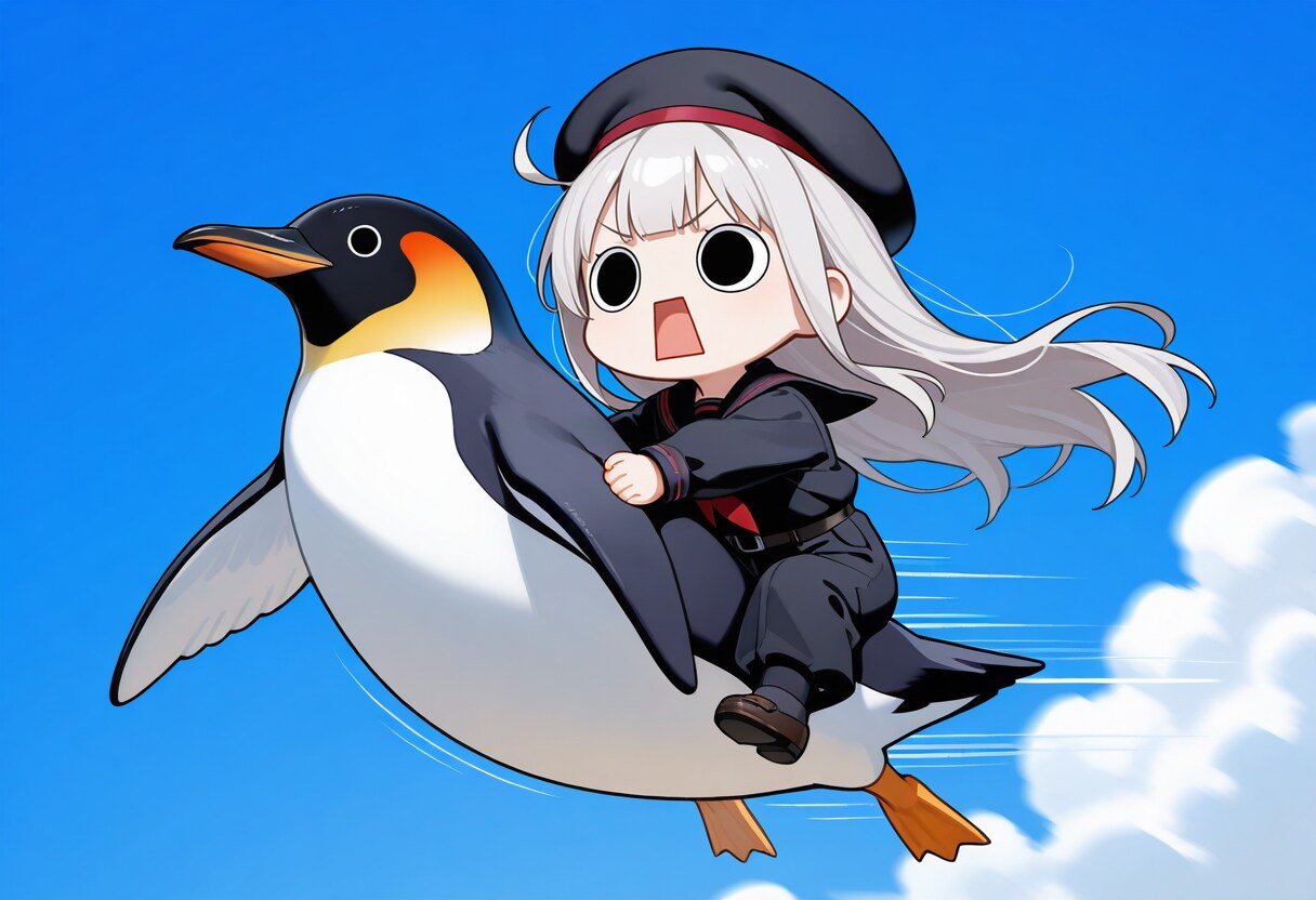 気合で空飛ぶえらいこっちゃペンギンを乗りこなしてしまいよったえらいこっちゃ嬢