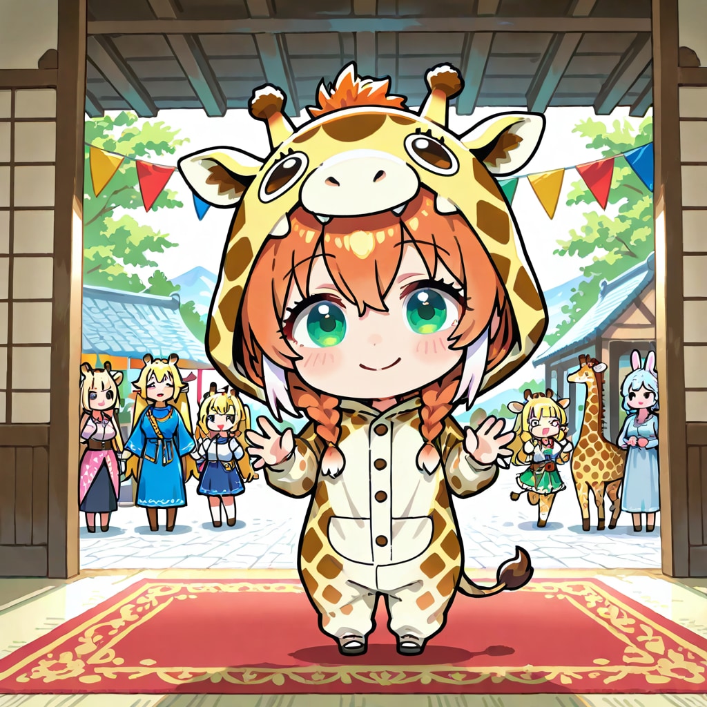 春のお祝いをする赤い絨毯のお屋敷とキリン着ぐるみちび子ちゃん