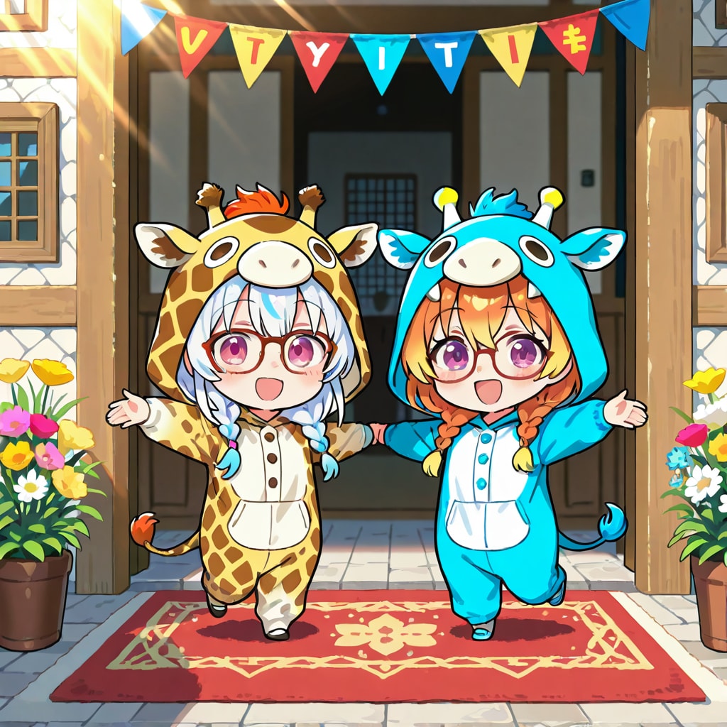 春のお祝いをする赤い絨毯のお屋敷とキリン着ぐるみちび子ちゃん