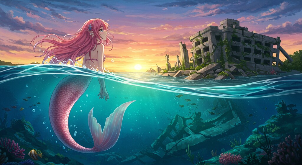 水没廃墟と人魚