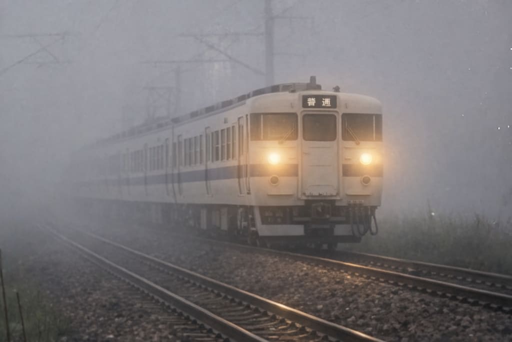 霧の中を走る415系
