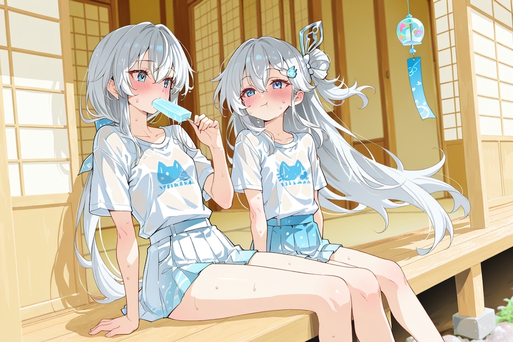 縁側でアイスを食べる銀髪ちゃん