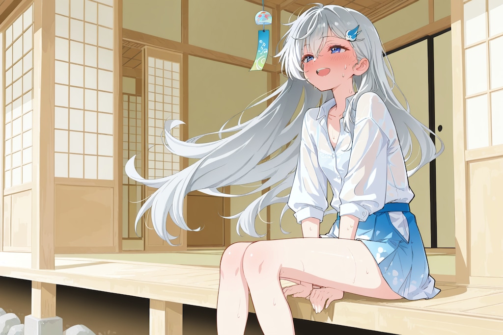 縁側でアイスを食べる銀髪ちゃん