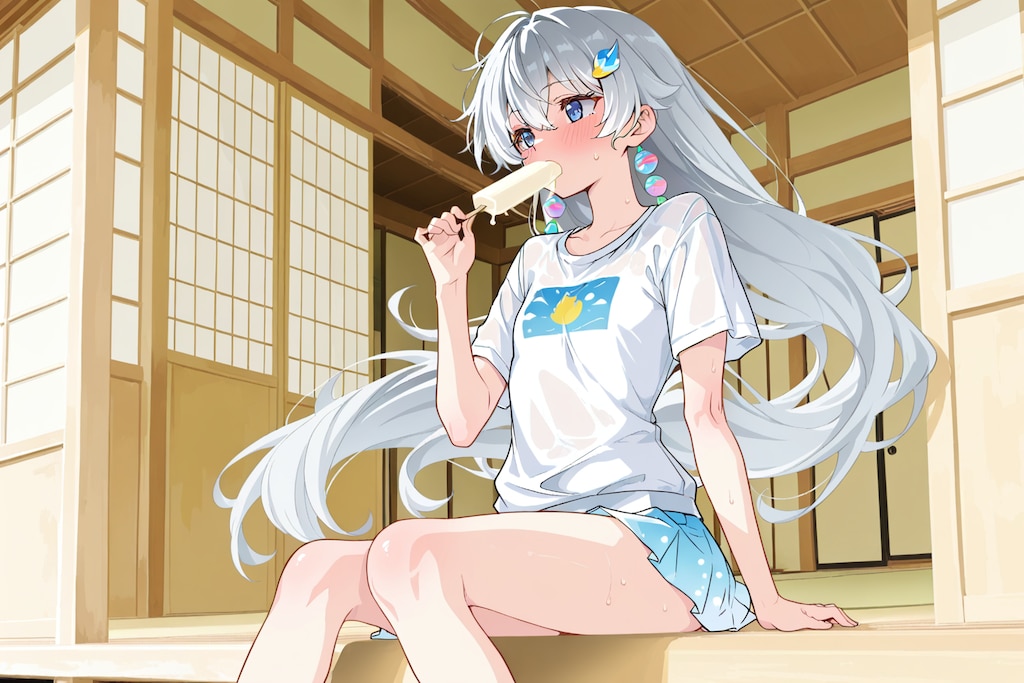 縁側でアイスを食べる銀髪ちゃん
