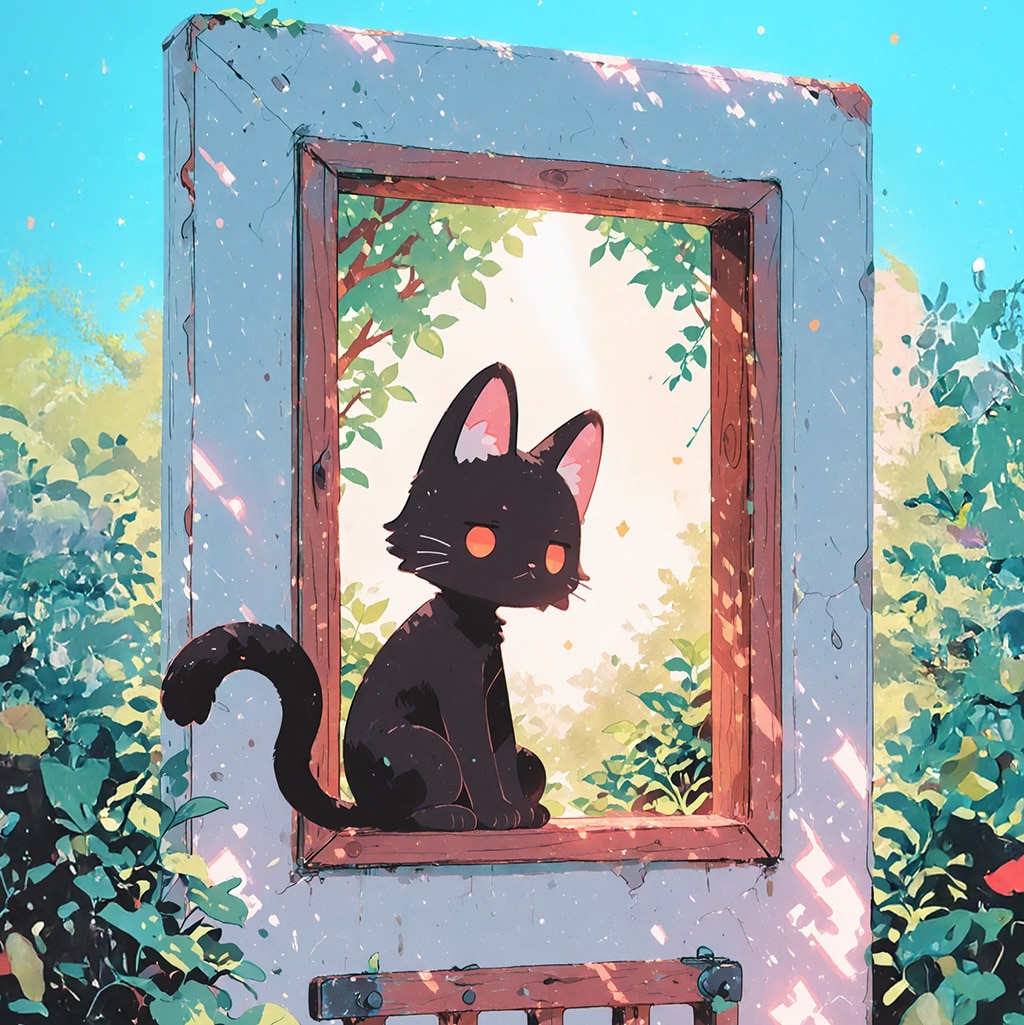 残った窓枠と黒猫