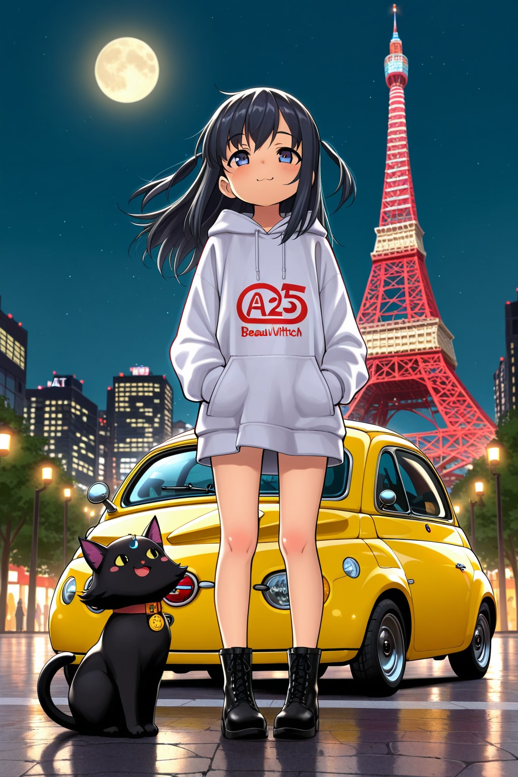 月明かりに立つ少女と黒猫の夜 | の人気AIイラスト・グラビア