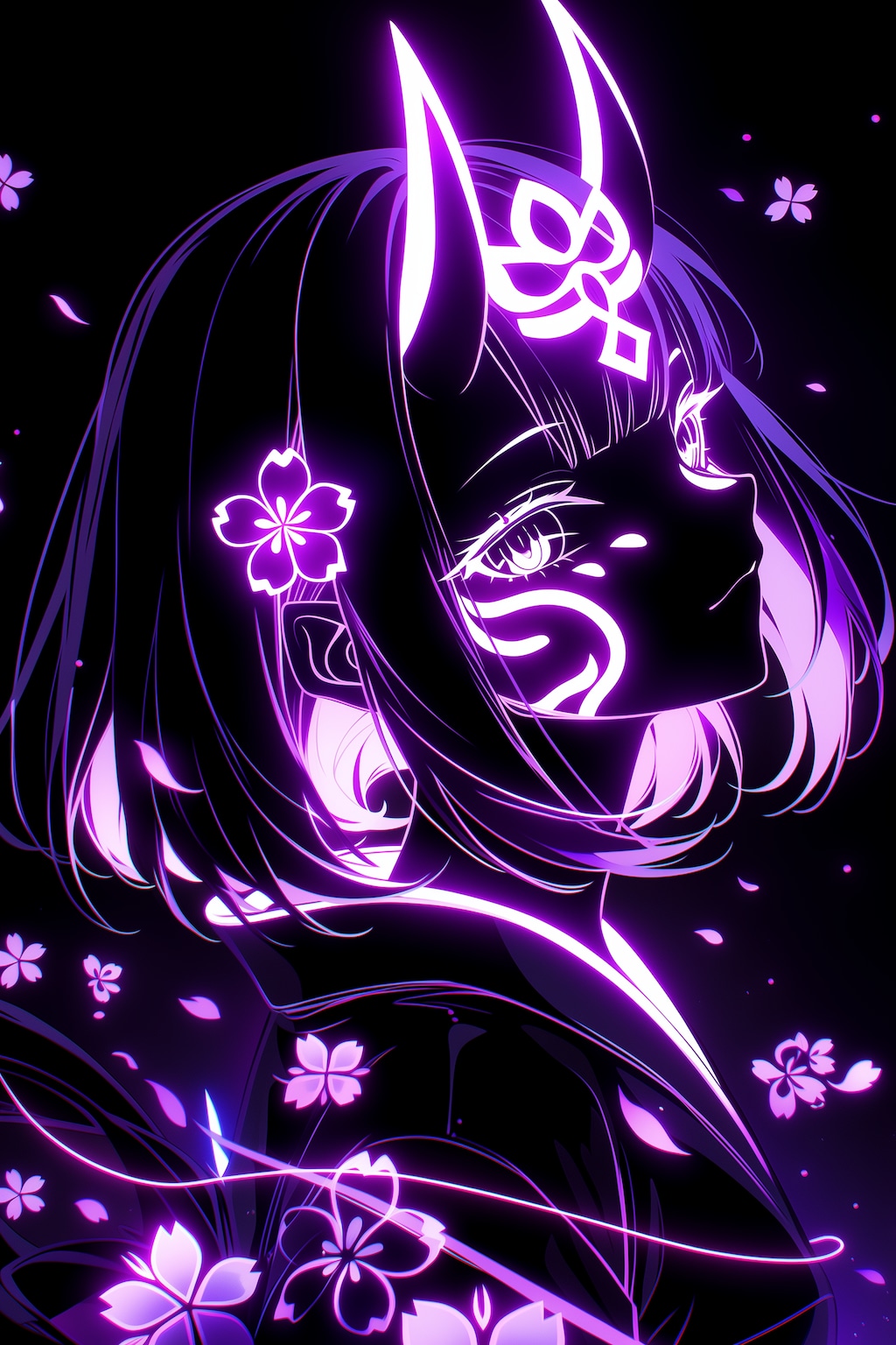 Nijijourney v7でネオンで輝く鬼娘